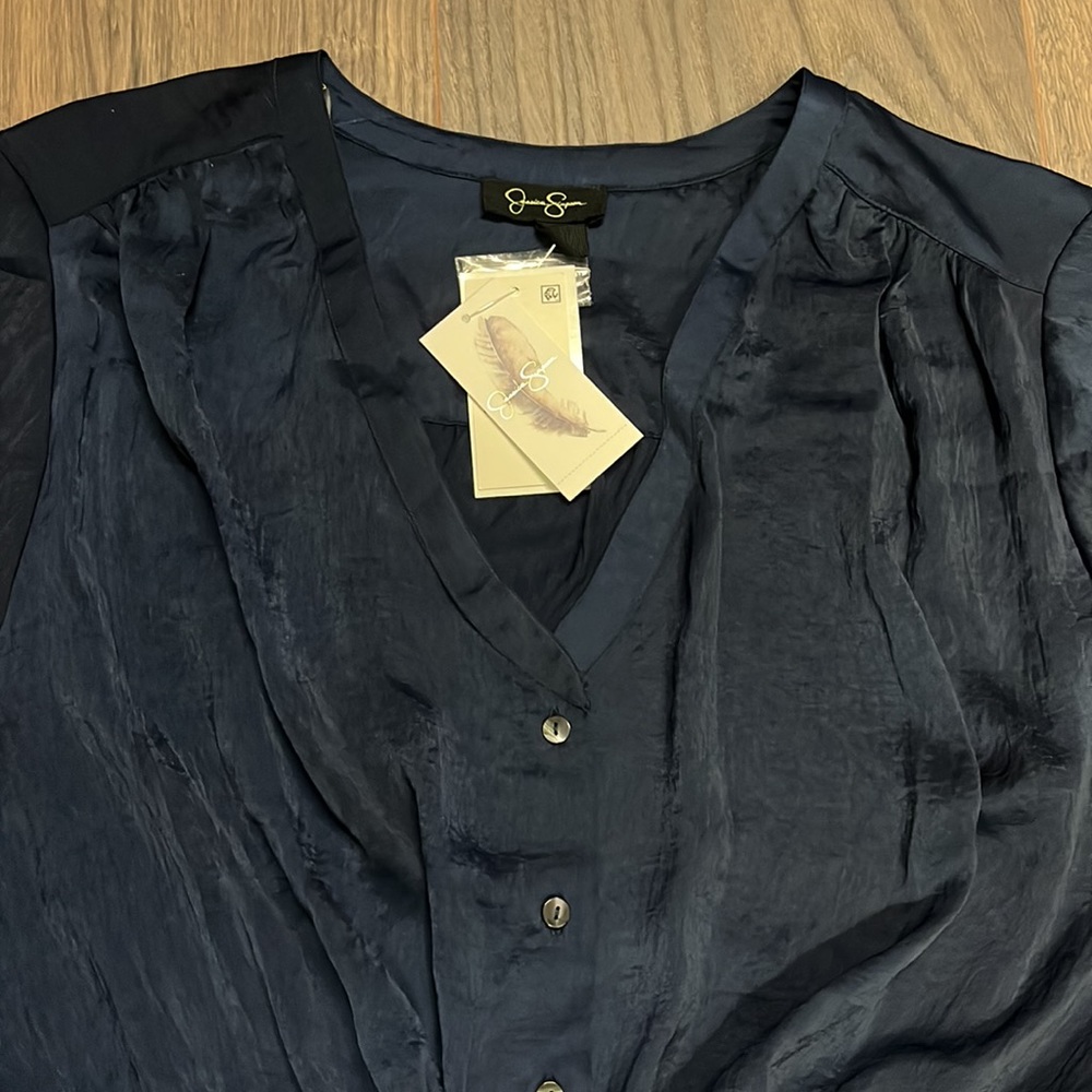 Jessica Simpson Plus Size 3X Navy Blue Satin Shiloh Long Sleeve Ruffle Dress - Picture 8 of 11
